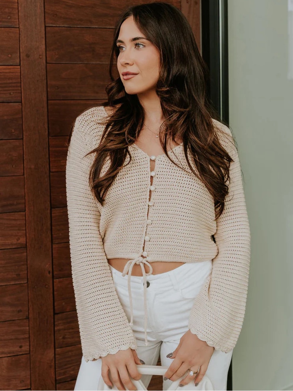 Gilli Open Knit Button Up Flare Sleeve Cardigan